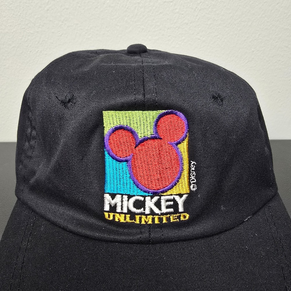 VINTAGE Disney Hat Cap Mens One Size Black Mickey Mouse Unlimited Logo 80s 90s - Picture 2 of 8
